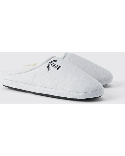 BoohooMAN Embroidered Jersey Slippers - White