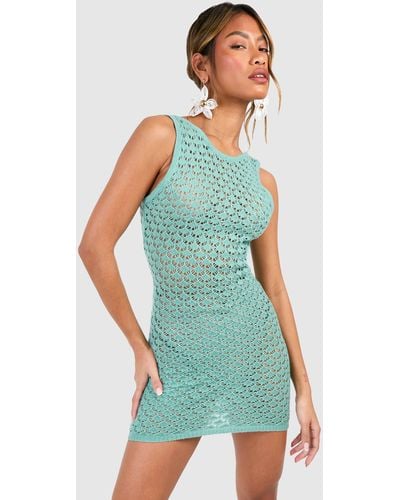 Boohoo Chunky Crochet Scoop Back Mini Dress - Green