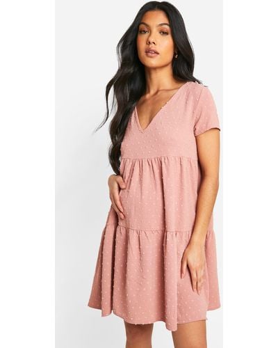 Boohoo Maternity Dobby Short Sleeve Tiered Smock Dress - Pink