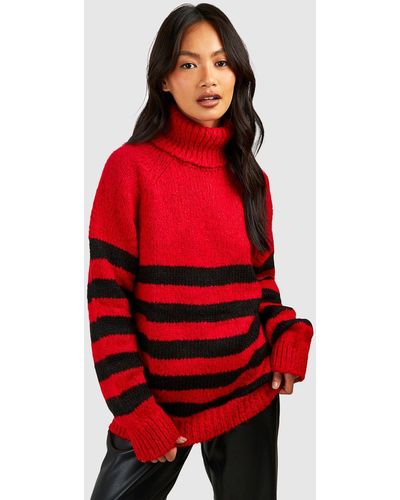 Boohoo Stripe Turtleneck Sweater - Red