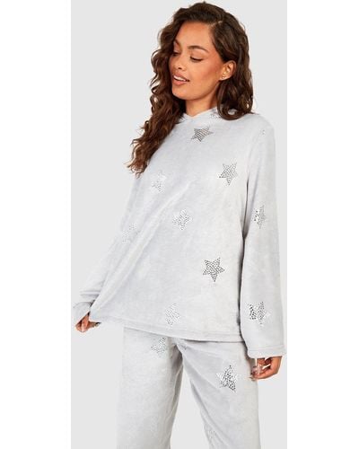 Boohoo Star Detail Fleece Loungewear Hoodie - White