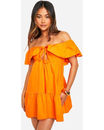 Boohoo Cotton Frill Detail Smock Dress - Orange