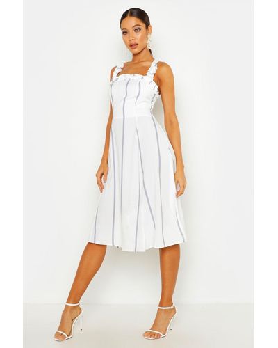 Boohoo Stripe Ruffle Strap Midi Skater Dress - Gray