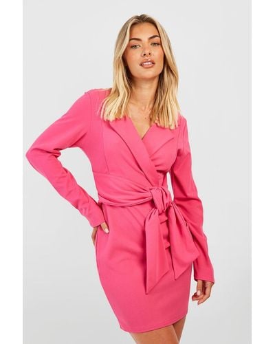Boohoo Crepe Tie Waist Blazer Dress - Pink