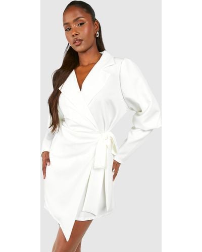 Boohoo Volume Sleeve Tie Waist Blazer Dress - White