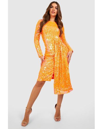 Boohoo Sequin Drape Detail Long Sleeve Midi Party Dress - Orange