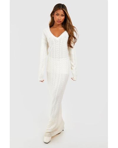 Boohoo Cable Knit V Neck Maxi Sweater Dress - White