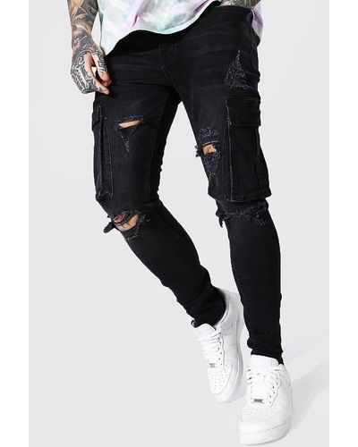 BoohooMAN Super Skinny Multi Rip Cargo Jeans - Black