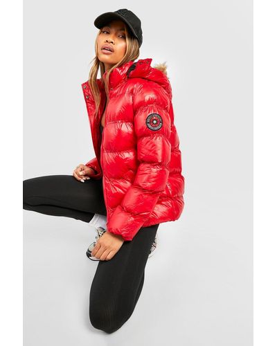 Boohoo High Shine Hooded Padded Coat With Faux Fur Trim - Red