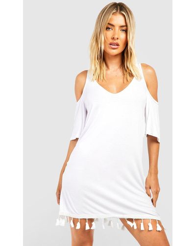 Boohoo Cold Shoulder Tassel Hem Beach Mini Dress - White
