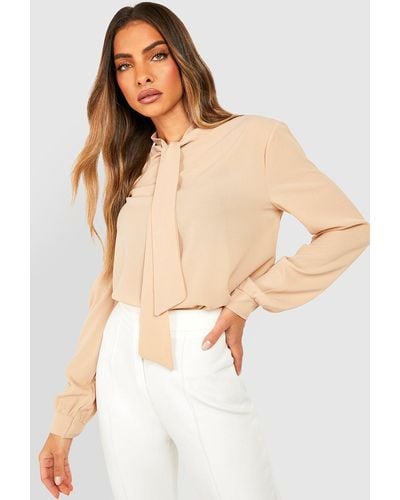 Boohoo Pussybow Woven Blouse - Natural