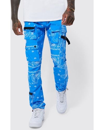 Boohoo Elastic Waist Slim Fit Bandanna Print Cargo Pants - Blue