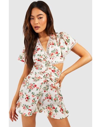 Boohoo Floral Print Cut Out Romper - White