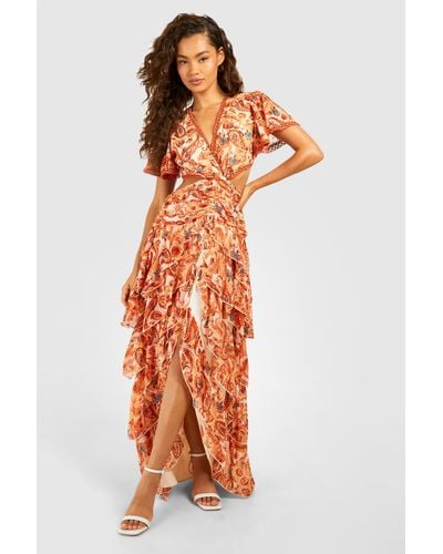 Boohoo Paisley Print Cut Out Maxi Dress - Naranja