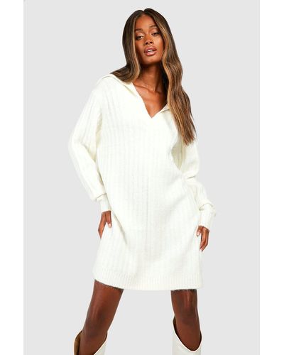 Boohoo Soft Wide Rib Knit Collared Sweater Dress - White