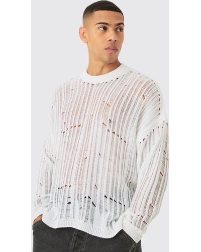 BoohooMAN Oversized Ladder Detail Open Knit Sweater In White