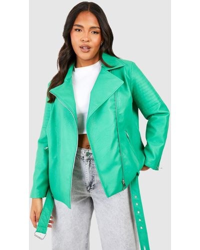 Boohoo Plus Belted Faux Leather Pu Biker Jacket - Green