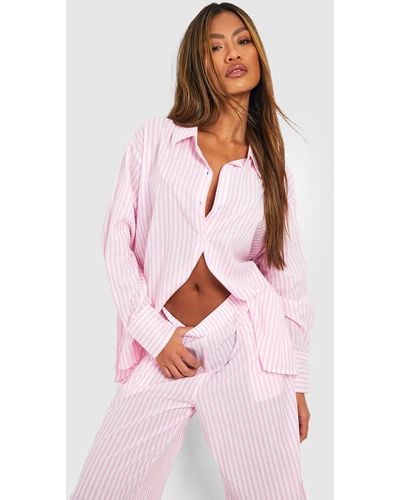 Boohoo Cotton Pinstripe Oversized Pajama Shirt - Pink