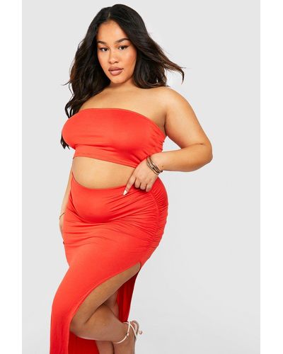 Boohoo Plus Bandeau And Ruched Side Split Co-ord - Red