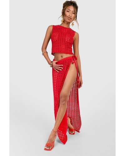 Boohoo Thigh Split Crochet Maxi Skirt - Red