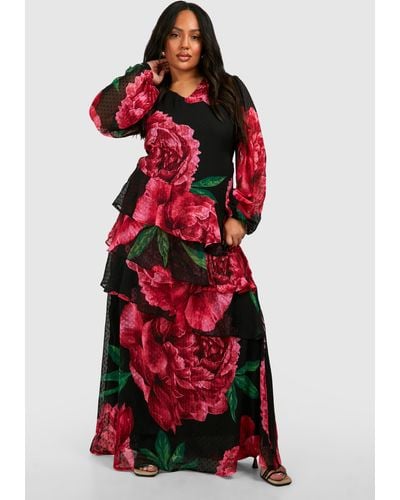 Boohoo Plus Dobby Mesh Floral Print Long Sleeve Ruffle Maxi Dress - Red