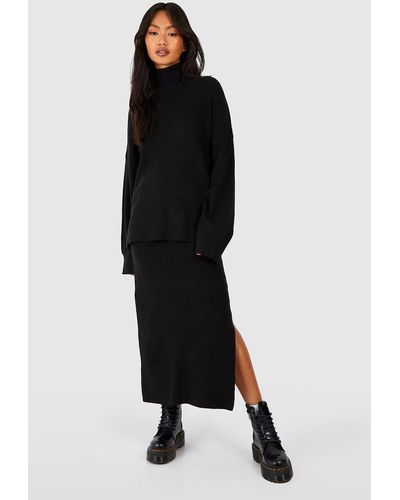 Boohoo Fine Gauge Roll Neck Sweater And Skirt Knitted Set - Black