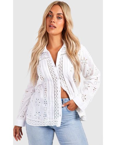 Boohoo Plus Mixed Broderie Oversized Shirt - White