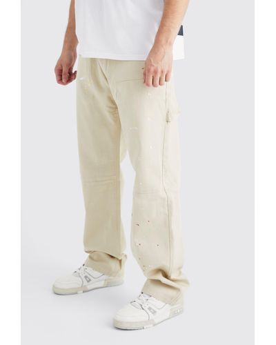 BoohooMAN Tall Relaxed Fit All Over Paint Splatter Carpenter Trouser - Natural