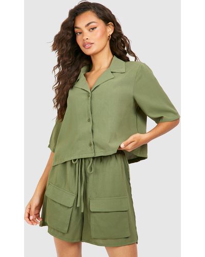 Boohoo Cheesecloth Cropped Shirt & Shorts Set - Green