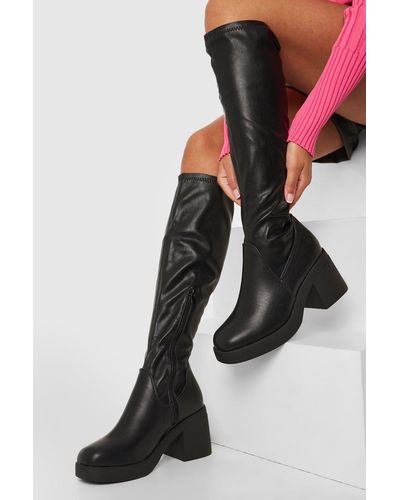 Boohoo Wide Width Stretch Block Heel Calf High Boots - Black