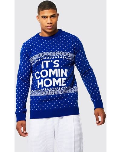 BoohooMAN It's Comin Home Christmas Sweater - Blue