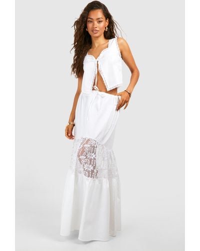 Boohoo Lace Trim Tiered Maxi Skirt - White