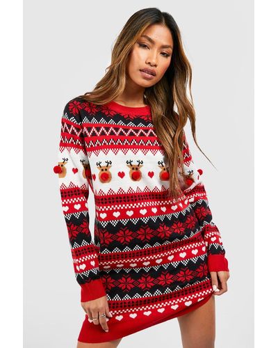 Boohoo Pom Pom Reindeer Christmas Sweater Dress - Red