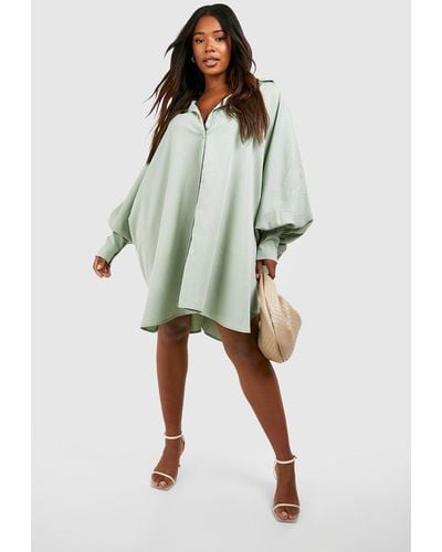Boohoo Plus Oversized Batwing Balloon Sleeve Shirt Dress - Green