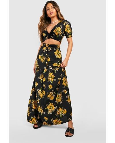 Boohoo Vic Floral Plunge Maxi Skirt Two-piece Set - Black