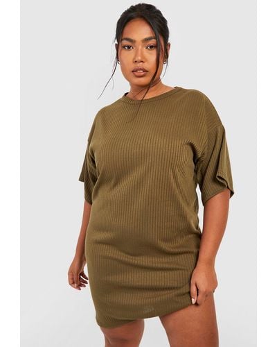 Boohoo Plus Basic Soft Rib Oversized T-shirt Dress - Green