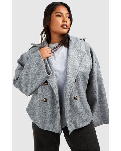 Boohoo Plus Wool Look Short Trench Coat - Grey