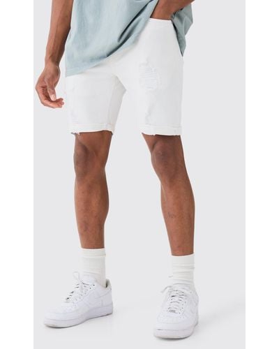BoohooMAN Skinny Stretch Distressed Denim Shorts In White - Weiß