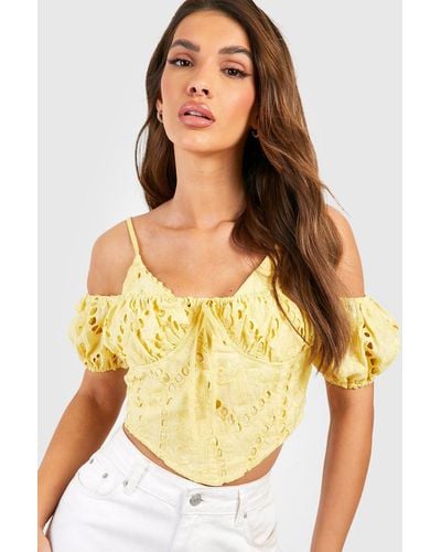 Boohoo Eyelet Anglaise Pointed Hem Corset Strappy Top - Yellow