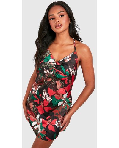 Boohoo Large Scale Floral Print Strappy Slip Dress - Red