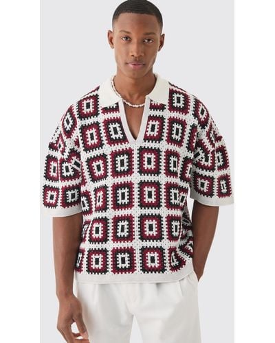 BoohooMAN Oversized Boxy Crotchet Knit Polo In Black - Red
