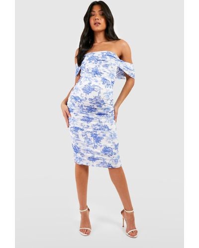 Boohoo Maternity Porcelain Ruched Mesh Bardot Midi Dress - Blue