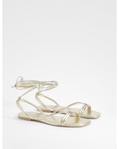 Boohoo Wide Fit Metallic Wrap Up Sandals - White