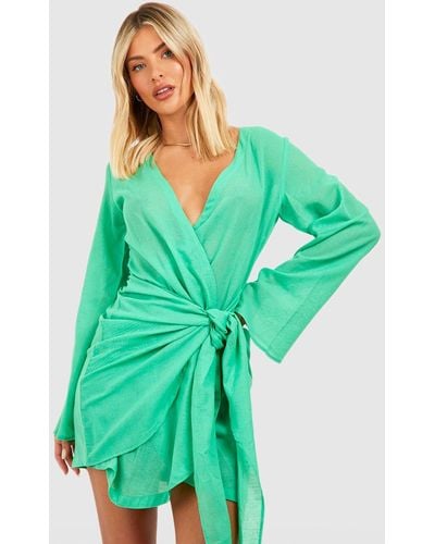 Boohoo Linen Look Tie Front Beach Mini Dress - Green