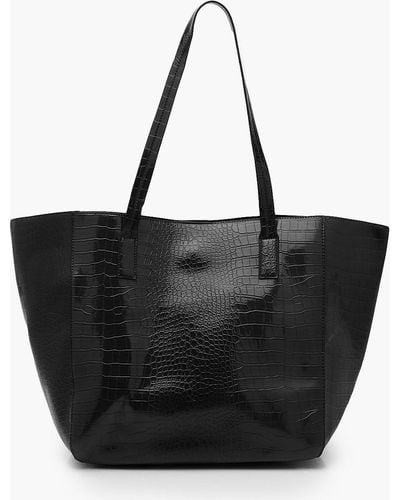 Boohoo Croc Handle Suedette Structured Tote Bag - Black