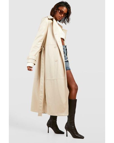 Boohoo Belted Faux Leather Trench Coat - Natural