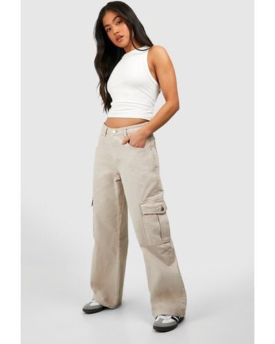Boohoo Pettie Washed Wide Leg Cargo Jean - Natural