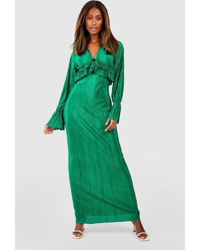 Boohoo Plisse Long Sleeve Ruffle Detail Maxi Dress - Green