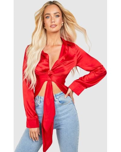 Boohoo Satin Tie Front Drape Blouse - Red