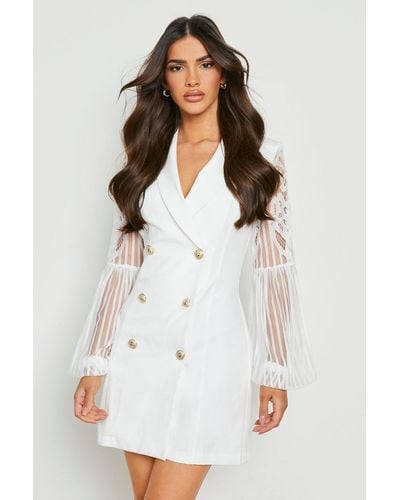 Boohoo Lace Sleeve Blazer Dress - White
